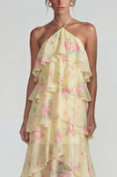 Load image into Gallery viewer, Blue Pink Tiered Halter A Line Flower Long Formal Dress with Ruffles