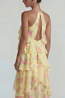 Load image into Gallery viewer, Blue Pink Tiered Halter A Line Flower Long Formal Dress with Ruffles