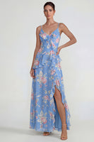 Load image into Gallery viewer, Blue Pink Flower A Line Ruffled Spaghetti Straps Long Formal Dress with Slit
