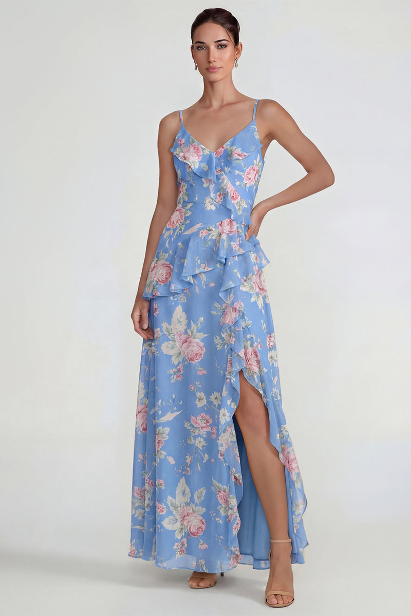 Load image into Gallery viewer, Blue Pink Flower A Line Ruffled Spaghetti Straps Long Formal Dress with Slit