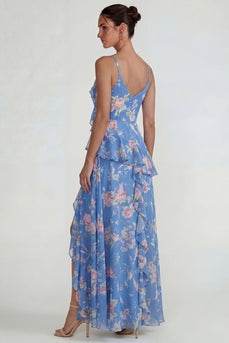 Blue Pink Flower A Line Ruffled Spaghetti Straps Long Formal Dress with Slit