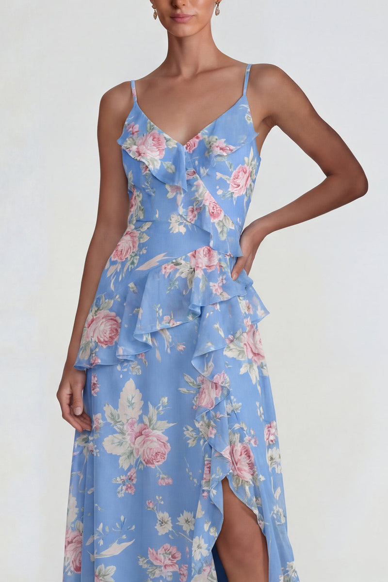 Load image into Gallery viewer, Blue Pink Flower A Line Ruffled Spaghetti Straps Long Formal Dress with Slit