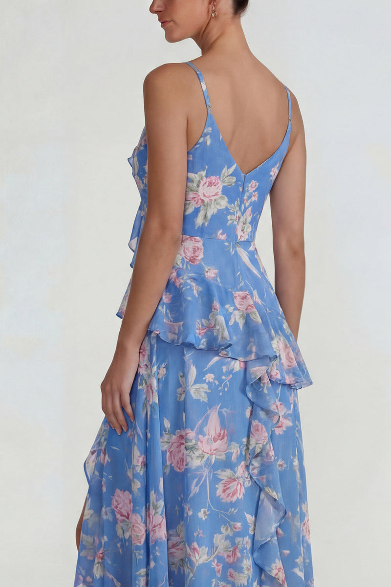 Load image into Gallery viewer, Blue Pink Flower A Line Ruffled Spaghetti Straps Long Formal Dress with Slit