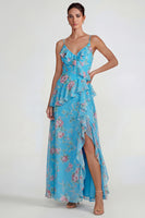 Load image into Gallery viewer, Blue Pink Flower A Line Ruffled Spaghetti Straps Long Formal Dress with Slit