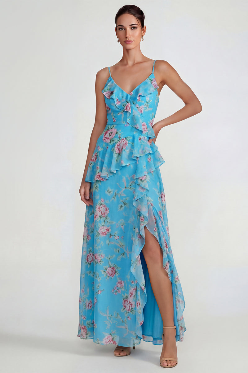 Load image into Gallery viewer, Blue Pink Flower A Line Ruffled Spaghetti Straps Long Formal Dress with Slit