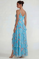 Load image into Gallery viewer, Blue Pink Flower A Line Ruffled Spaghetti Straps Long Formal Dress with Slit