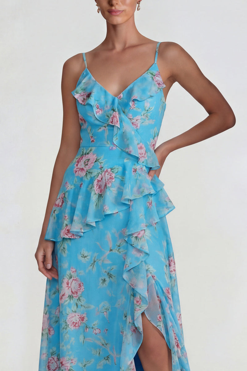 Load image into Gallery viewer, Blue Pink Flower A Line Ruffled Spaghetti Straps Long Formal Dress with Slit
