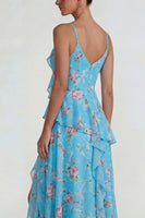 Load image into Gallery viewer, Blue Pink Flower A Line Ruffled Spaghetti Straps Long Formal Dress with Slit