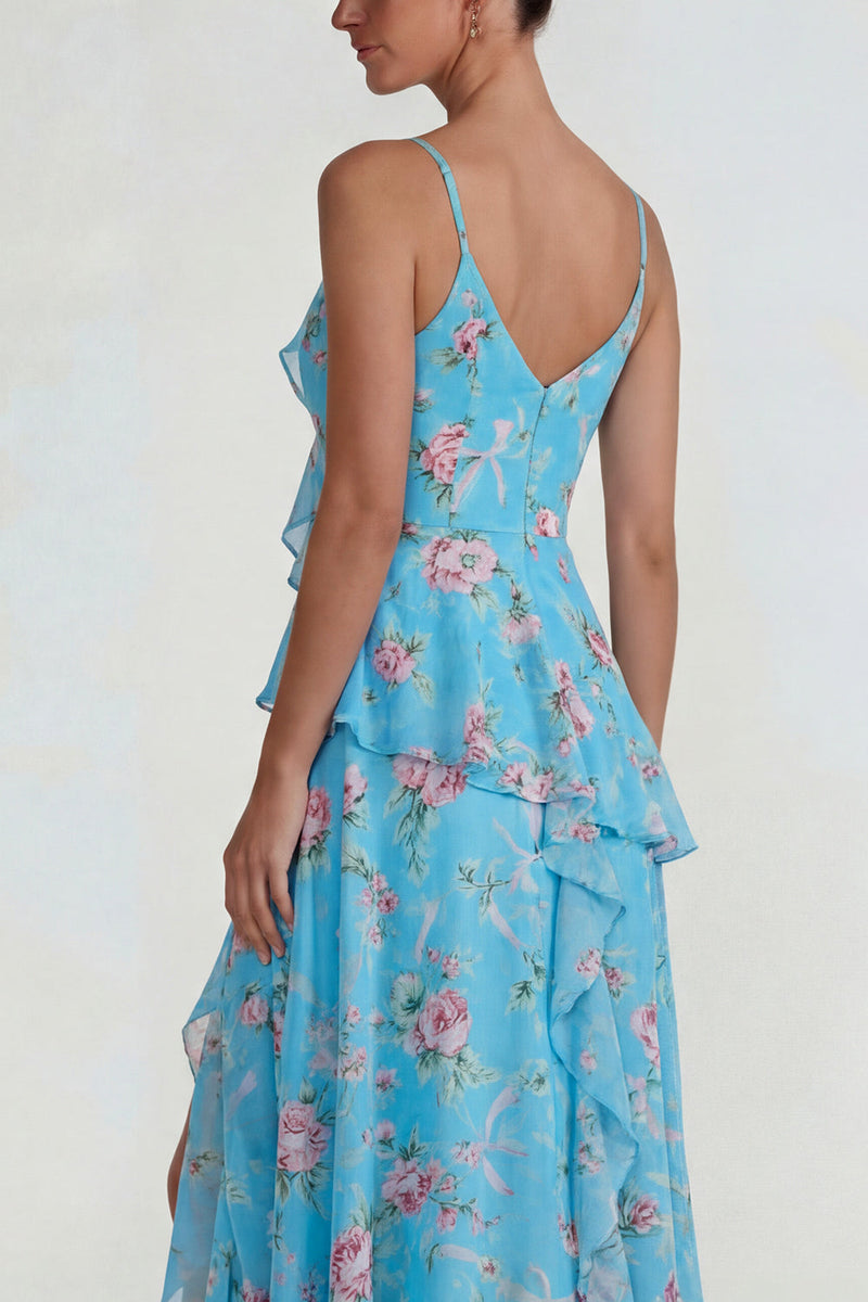 Load image into Gallery viewer, Blue Pink Flower A Line Ruffled Spaghetti Straps Long Formal Dress with Slit