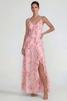 Load image into Gallery viewer, Blue Pink Flower A Line Ruffled Spaghetti Straps Long Formal Dress with Slit