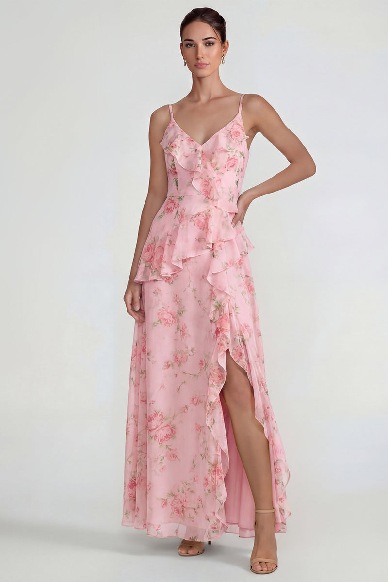 Load image into Gallery viewer, Blue Pink Flower A Line Ruffled Spaghetti Straps Long Formal Dress with Slit