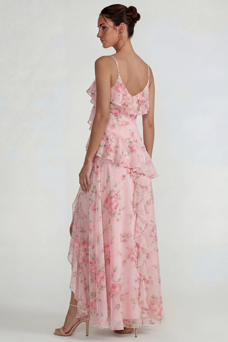 Load image into Gallery viewer, Blue Pink Flower A Line Ruffled Spaghetti Straps Long Formal Dress with Slit