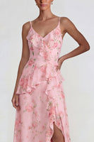 Load image into Gallery viewer, Blue Pink Flower A Line Ruffled Spaghetti Straps Long Formal Dress with Slit