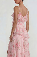 Load image into Gallery viewer, Blue Pink Flower A Line Ruffled Spaghetti Straps Long Formal Dress with Slit
