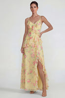 Load image into Gallery viewer, Blue Pink Flower A Line Ruffled Spaghetti Straps Long Formal Dress with Slit