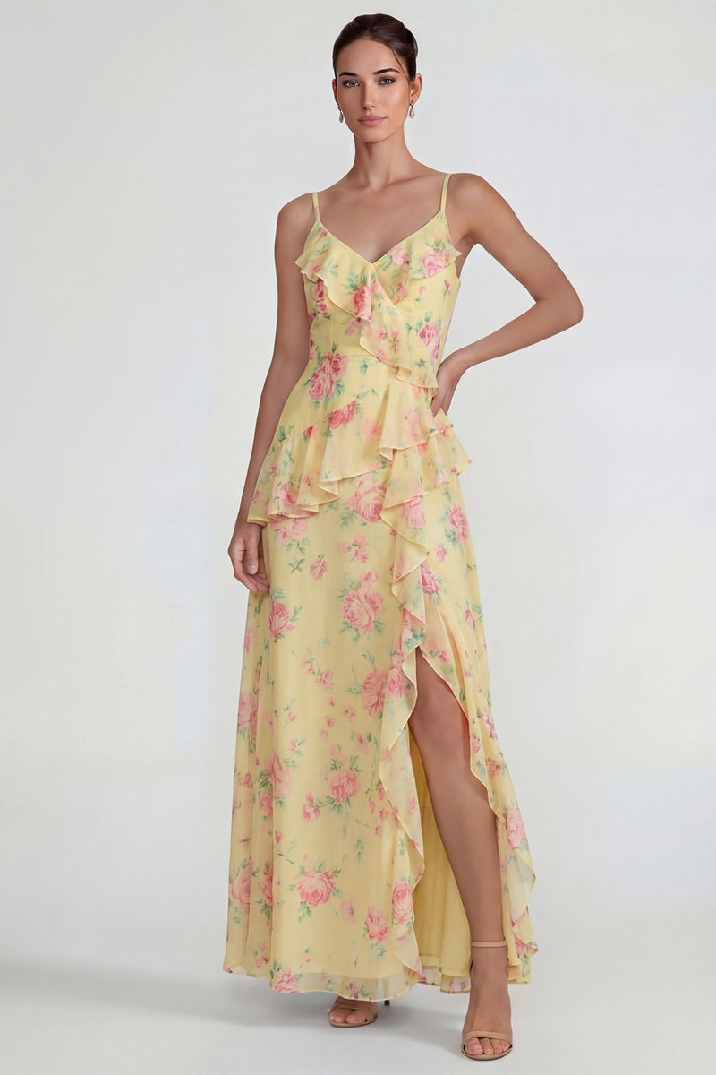 Load image into Gallery viewer, Blue Pink Flower A Line Ruffled Spaghetti Straps Long Formal Dress with Slit