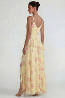 Load image into Gallery viewer, Blue Pink Flower A Line Ruffled Spaghetti Straps Long Formal Dress with Slit