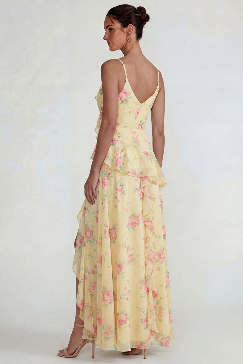Load image into Gallery viewer, Blue Pink Flower A Line Ruffled Spaghetti Straps Long Formal Dress with Slit