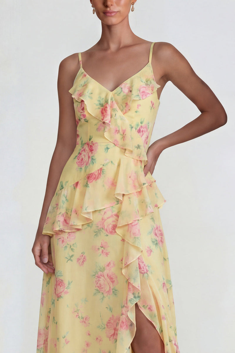 Load image into Gallery viewer, Blue Pink Flower A Line Ruffled Spaghetti Straps Long Formal Dress with Slit