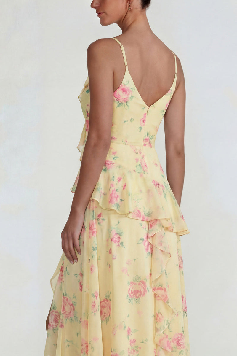 Load image into Gallery viewer, Blue Pink Flower A Line Ruffled Spaghetti Straps Long Formal Dress with Slit