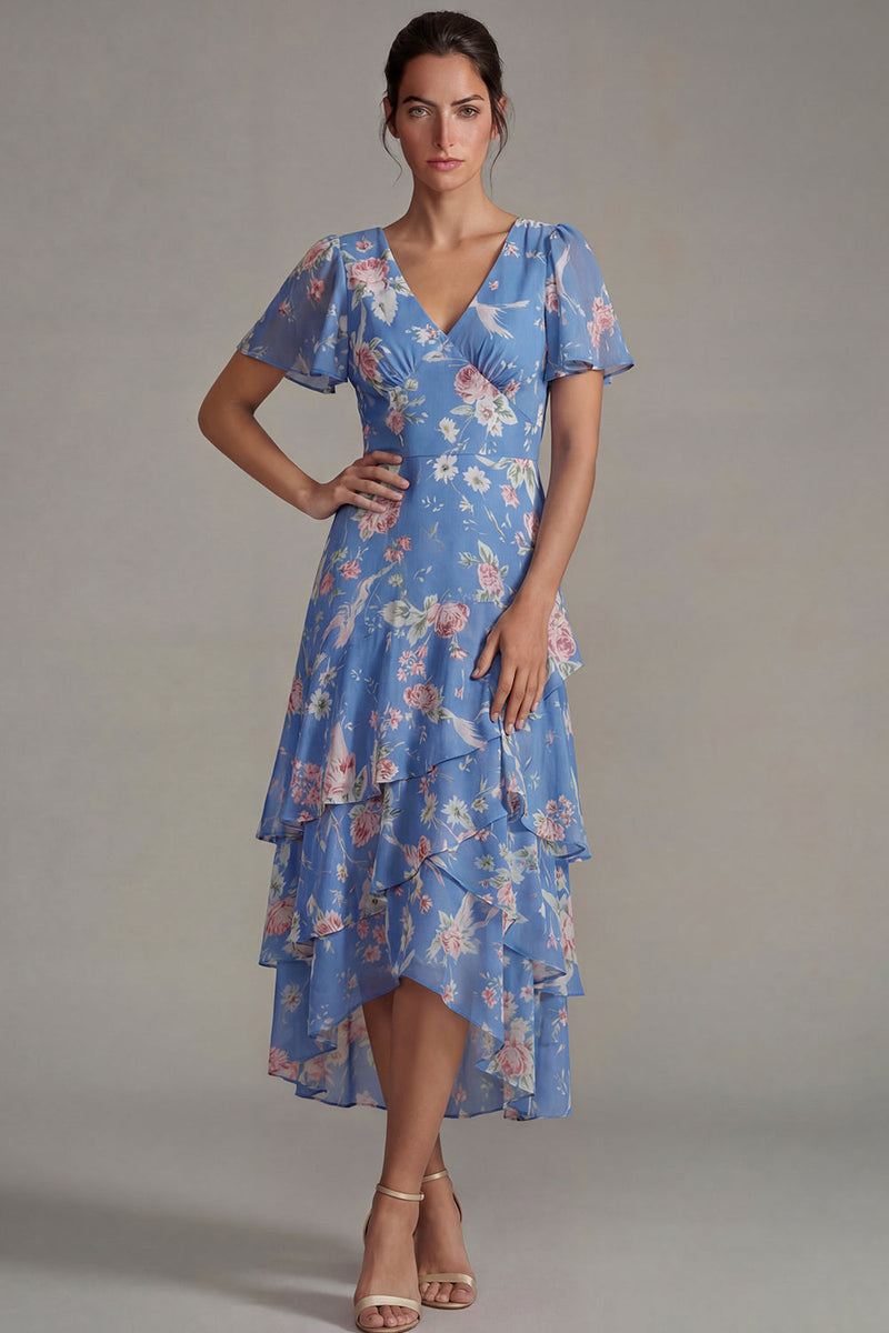 Load image into Gallery viewer, V Neck Blue Pink A Line Flower Long Formal Dress with Ruffles