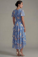 Load image into Gallery viewer, V Neck Blue Pink A Line Flower Long Formal Dress with Ruffles