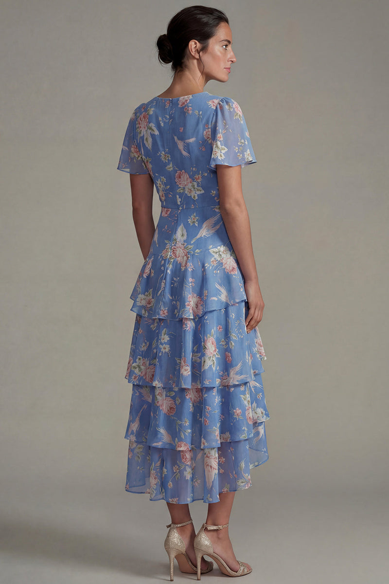 Load image into Gallery viewer, V Neck Blue Pink A Line Flower Long Formal Dress with Ruffles