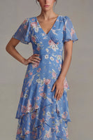 Load image into Gallery viewer, V Neck Blue Pink A Line Flower Long Formal Dress with Ruffles