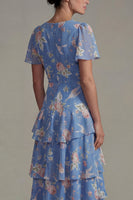 Load image into Gallery viewer, V Neck Blue Pink A Line Flower Long Formal Dress with Ruffles
