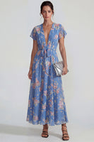 Load image into Gallery viewer, Blue Pink Flower A Line V Neck Long Formal Dress with Sash