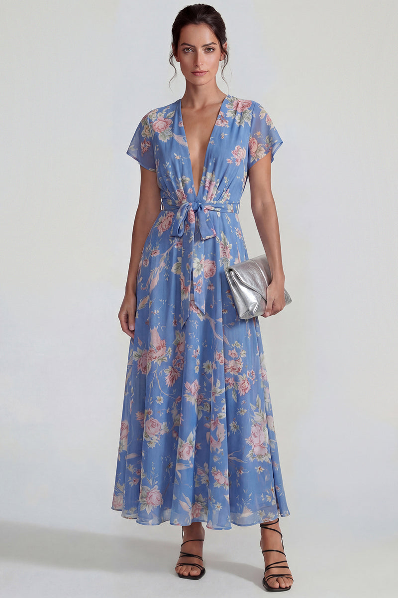 Load image into Gallery viewer, Blue Pink Flower A Line V Neck Long Formal Dress with Sash