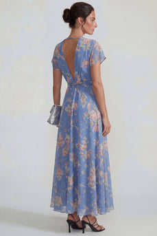 Blue Pink Flower A Line V Neck Long Formal Dress with Sash