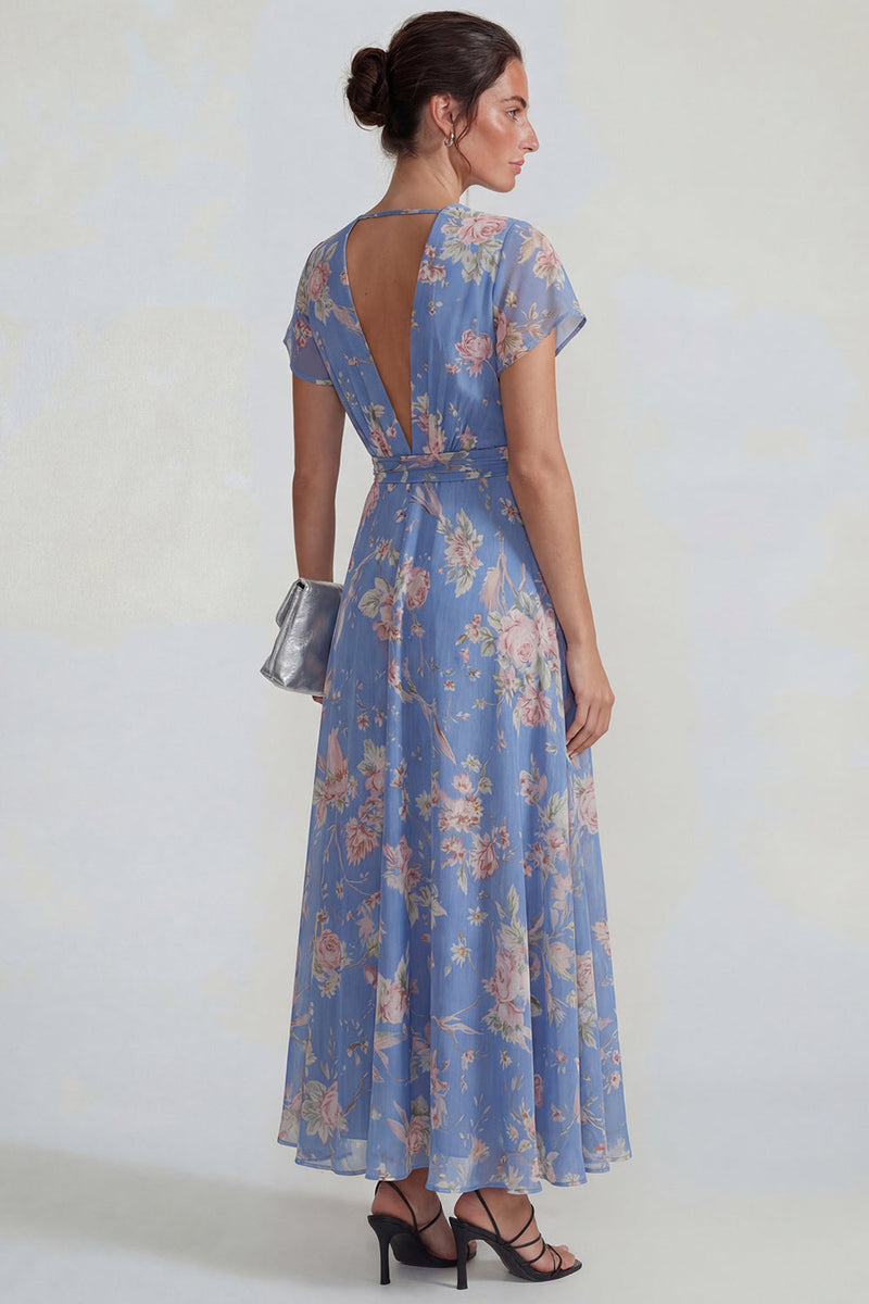 Load image into Gallery viewer, Blue Pink Flower A Line V Neck Long Formal Dress with Sash