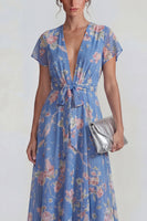Load image into Gallery viewer, Blue Pink Flower A Line V Neck Long Formal Dress with Sash