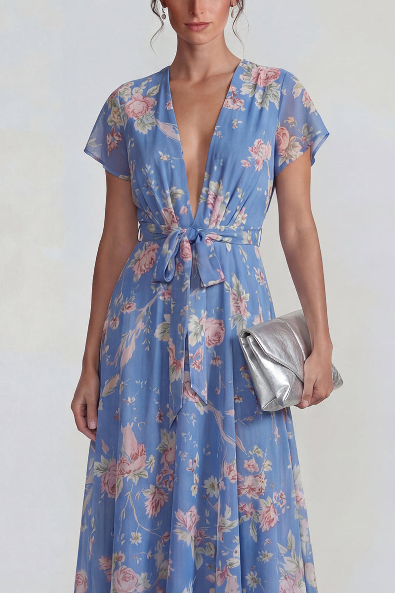 Load image into Gallery viewer, Blue Pink Flower A Line V Neck Long Formal Dress with Sash