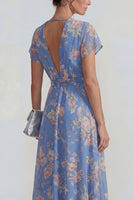 Load image into Gallery viewer, Blue Pink Flower A Line V Neck Long Formal Dress with Sash