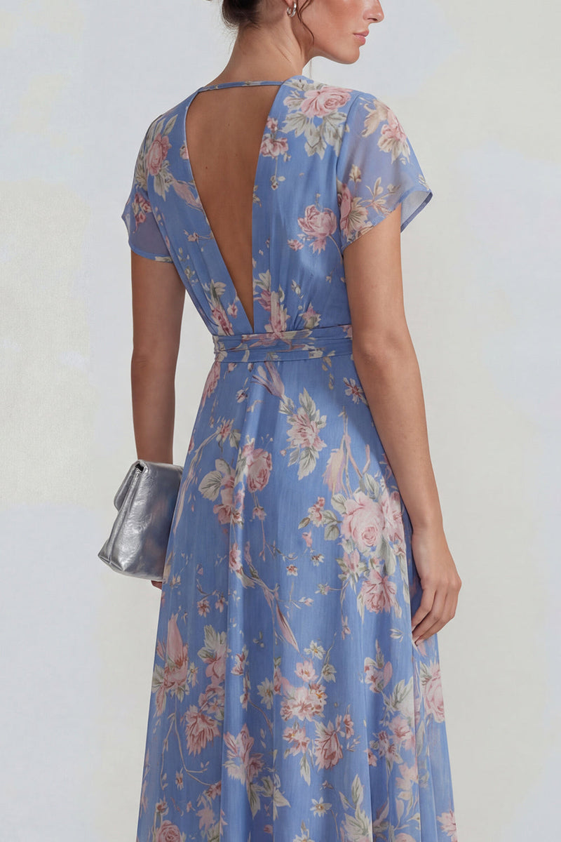 Load image into Gallery viewer, Blue Pink Flower A Line V Neck Long Formal Dress with Sash