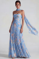 Load image into Gallery viewer, Flower Blue Pink A Line Neck Scarf Long Formal Dress