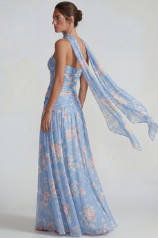Flower Blue Pink A Line Neck Scarf Long Formal Dress