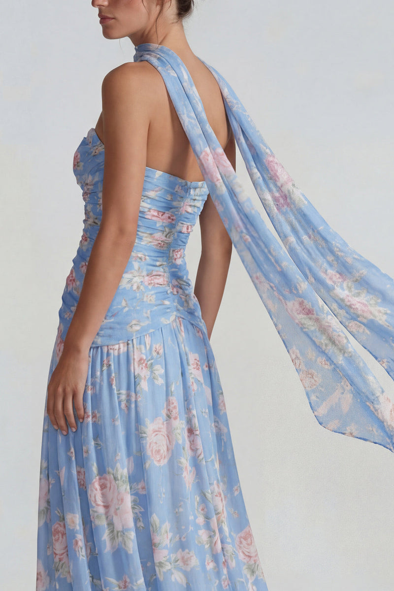 Load image into Gallery viewer, Flower Blue Pink A Line Neck Scarf Long Formal Dress