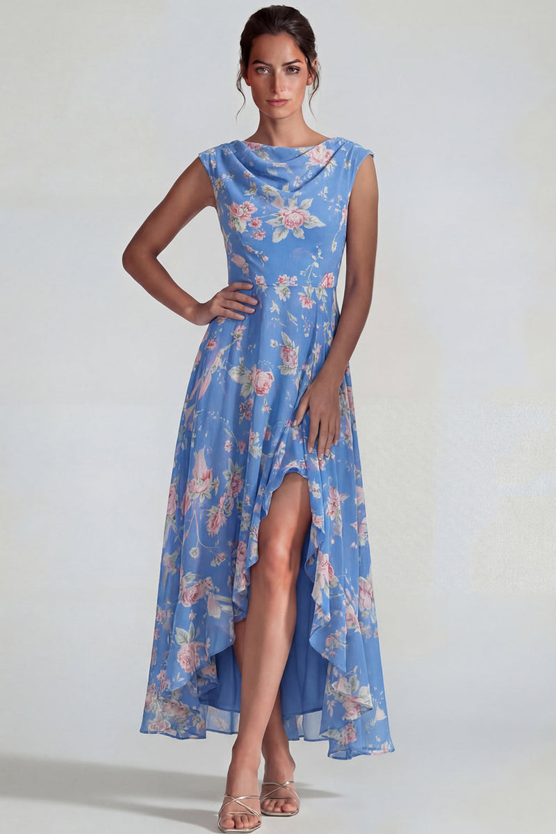 Load image into Gallery viewer, Bateau Neck Blue Pink Flower Long A Line Formal Dress with Slit
