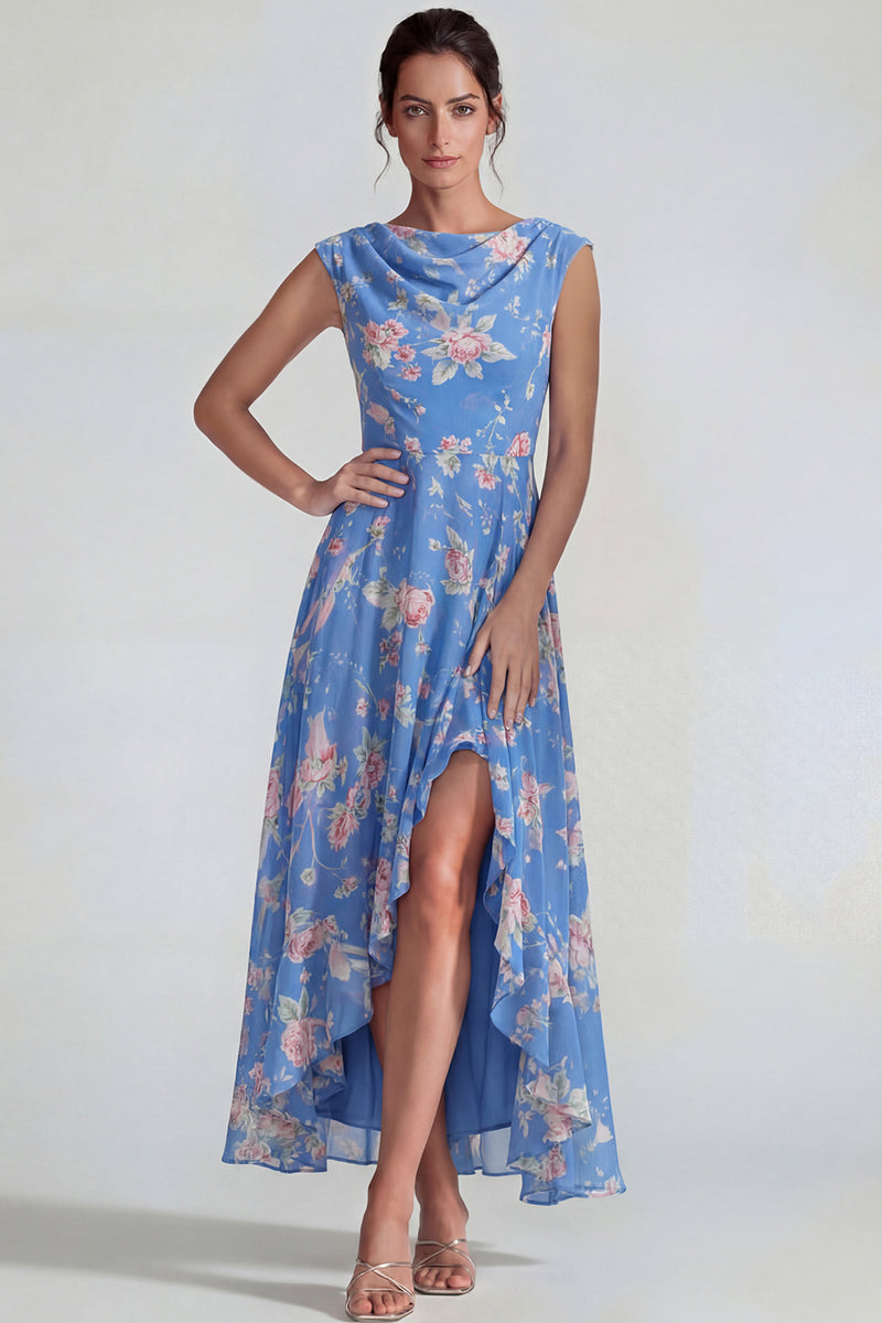 Load image into Gallery viewer, Bateau Neck Blue Pink Flower Long A Line Formal Dress with Slit