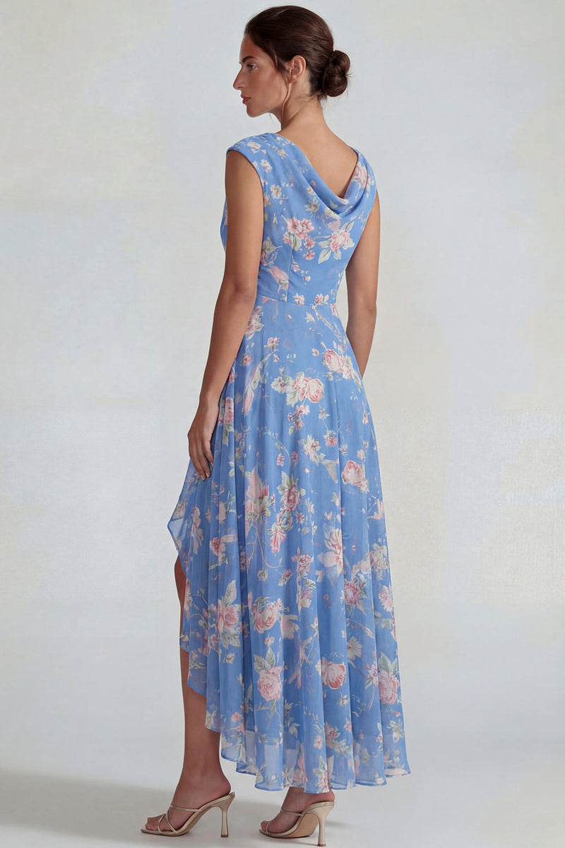 Load image into Gallery viewer, Bateau Neck Blue Pink Flower Long A Line Formal Dress with Slit
