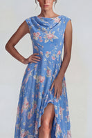 Load image into Gallery viewer, Bateau Neck Blue Pink Flower Long A Line Formal Dress with Slit