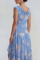 Load image into Gallery viewer, Bateau Neck Blue Pink Flower Long A Line Formal Dress with Slit