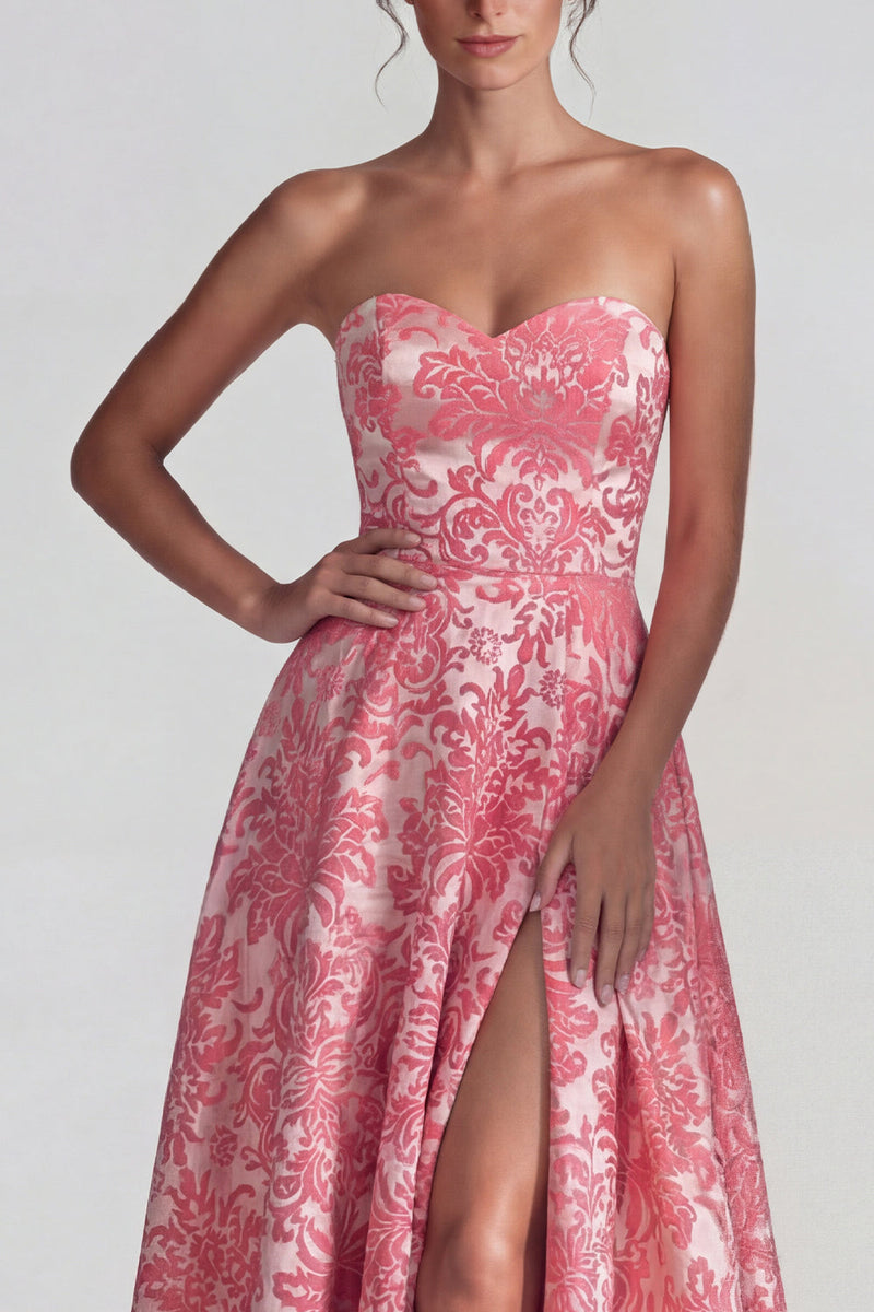 Load image into Gallery viewer, Blush Jacquard Sweetheart Floral A Line Long Formal Dress with Slit