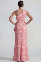 Load image into Gallery viewer, One Shoulder Mermaid Blush Floral Jacquard Long Formal Dress with Slit