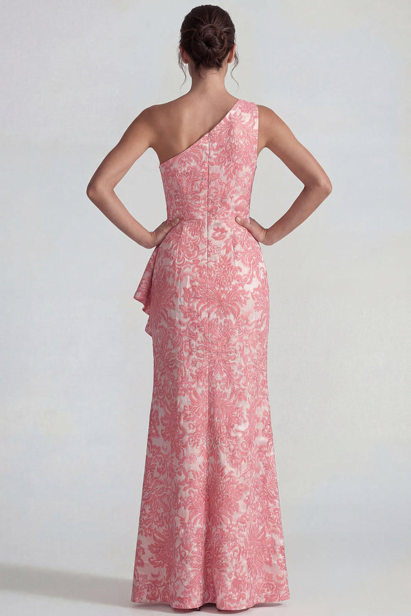 Load image into Gallery viewer, One Shoulder Mermaid Blush Floral Jacquard Long Formal Dress with Slit