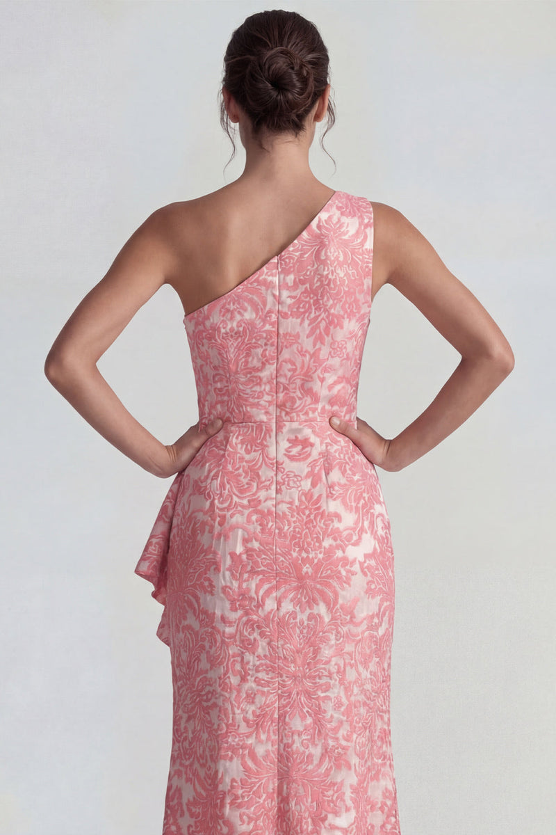 Load image into Gallery viewer, One Shoulder Mermaid Blush Floral Jacquard Long Formal Dress with Slit