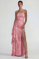 Load image into Gallery viewer, Strapless Sheath Ruffled Jacquard Floral Long Formal Dress with Slit